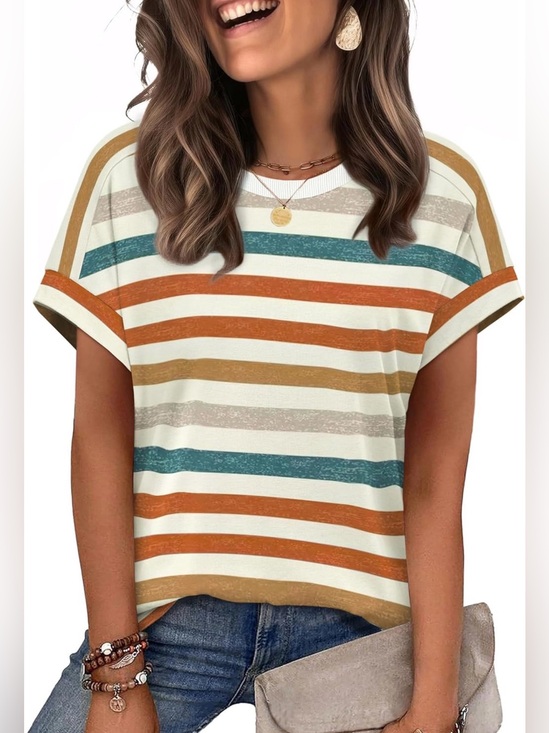 WIHOLL Tops - Casual Striped Short Sleeve Tee - Multicolor
